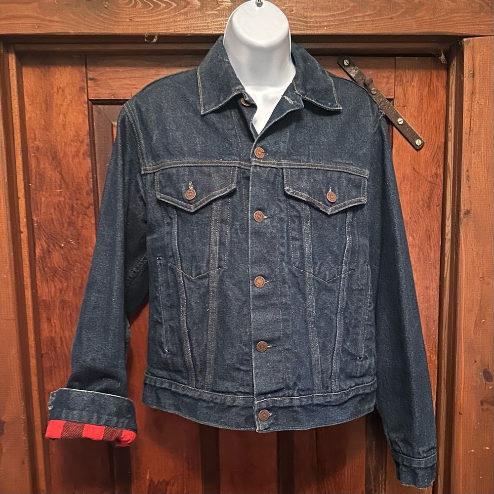 VTG 60s “12 Gauge” Roebucks Med Dark Denim Wash Jacket 36 Buffalo Plaid Flannel